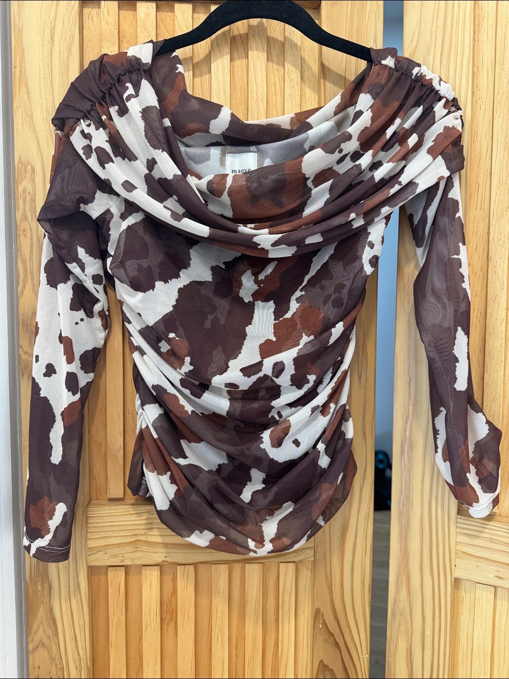 Maeve Brown & White Cow-Print Draped Cowl Long-Sleeve Top
